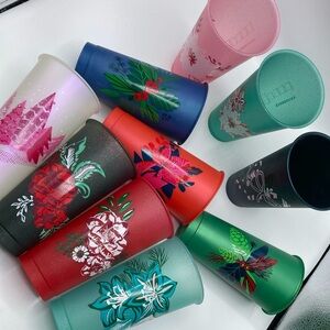 Starbucks Glitter Cold Cups Carnation Floral Print Holiday Christmas Plastic 10